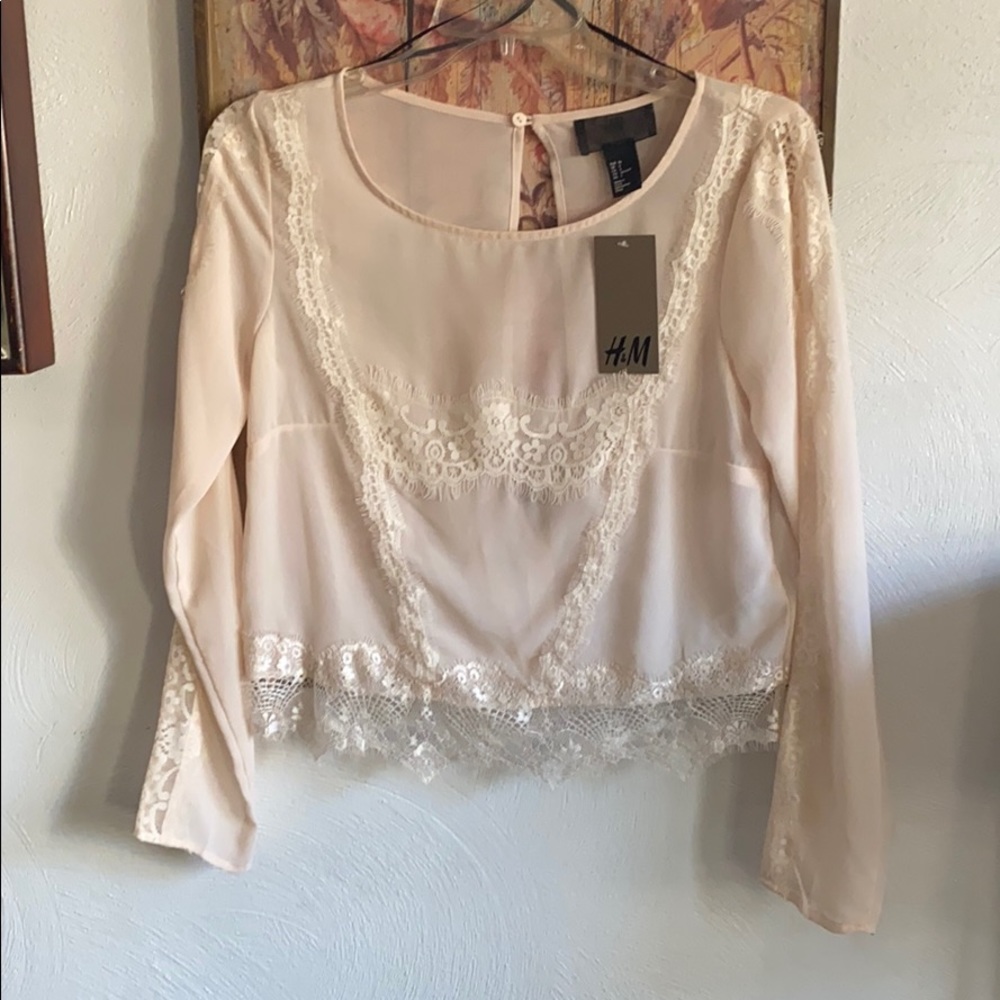 NWT HM H&M NEW YORK CITY STORE IVORY BOHO EMBROIDERED SHEER TOP LACE BLOUSE TOP